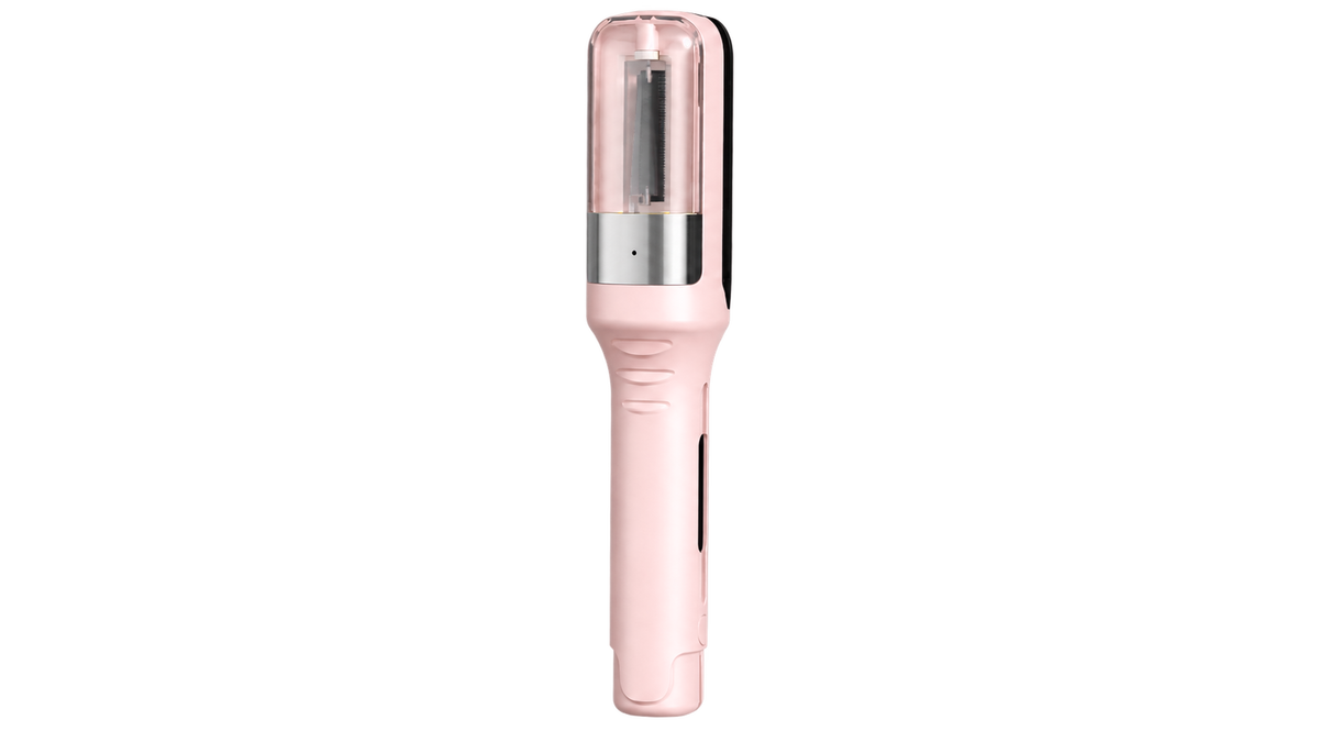 Pink hair trimming device standing upright, seen from the front