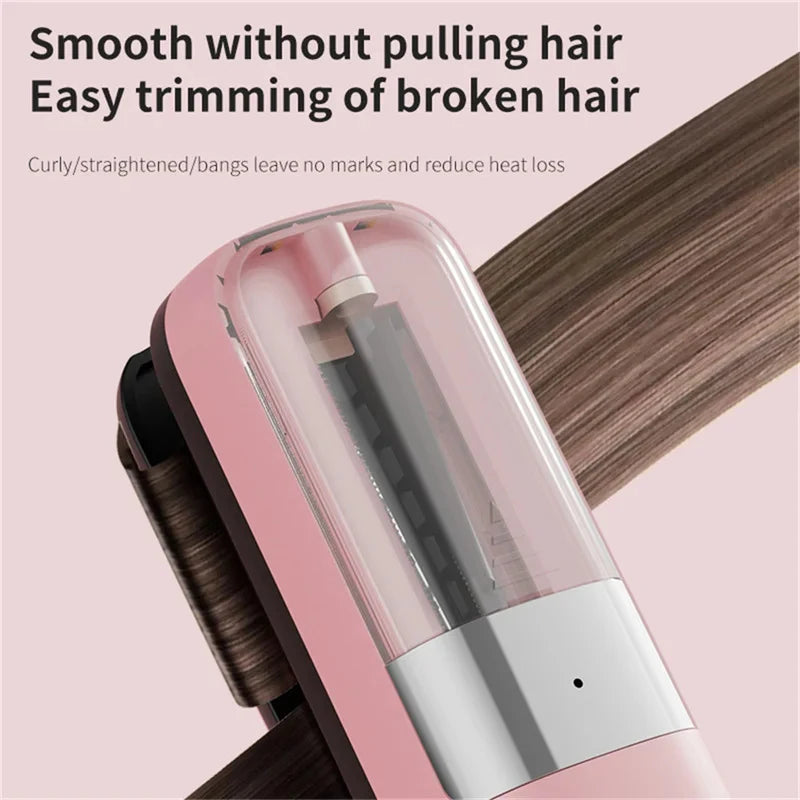 Close-up of the transparent chamber and blade on a pink hair trimming device, positioned over a strand of hair