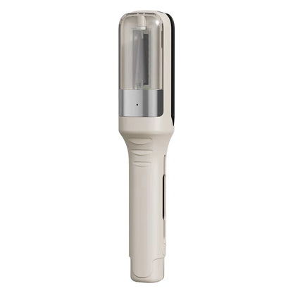 Off-white hair trimming device with transparent upper chamber and visible blade