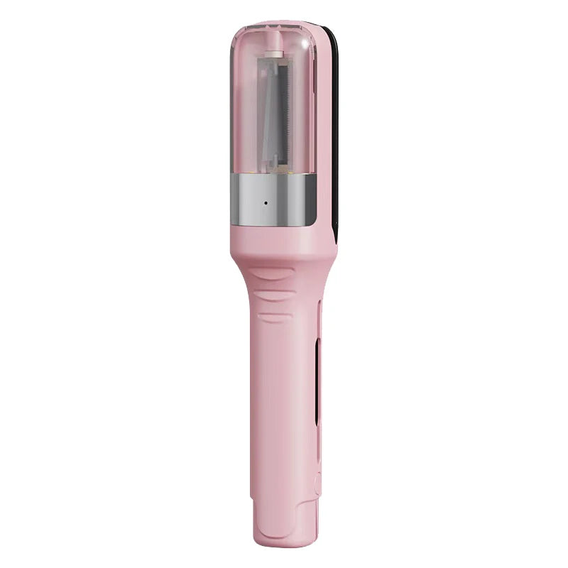 Pink hair trimming device with transparent upper chamber and visible blade