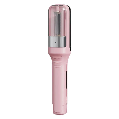 Pink hair trimming device with transparent upper chamber and visible blade