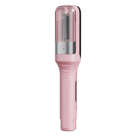 Pink hair trimming device with transparent upper chamber and visible blade