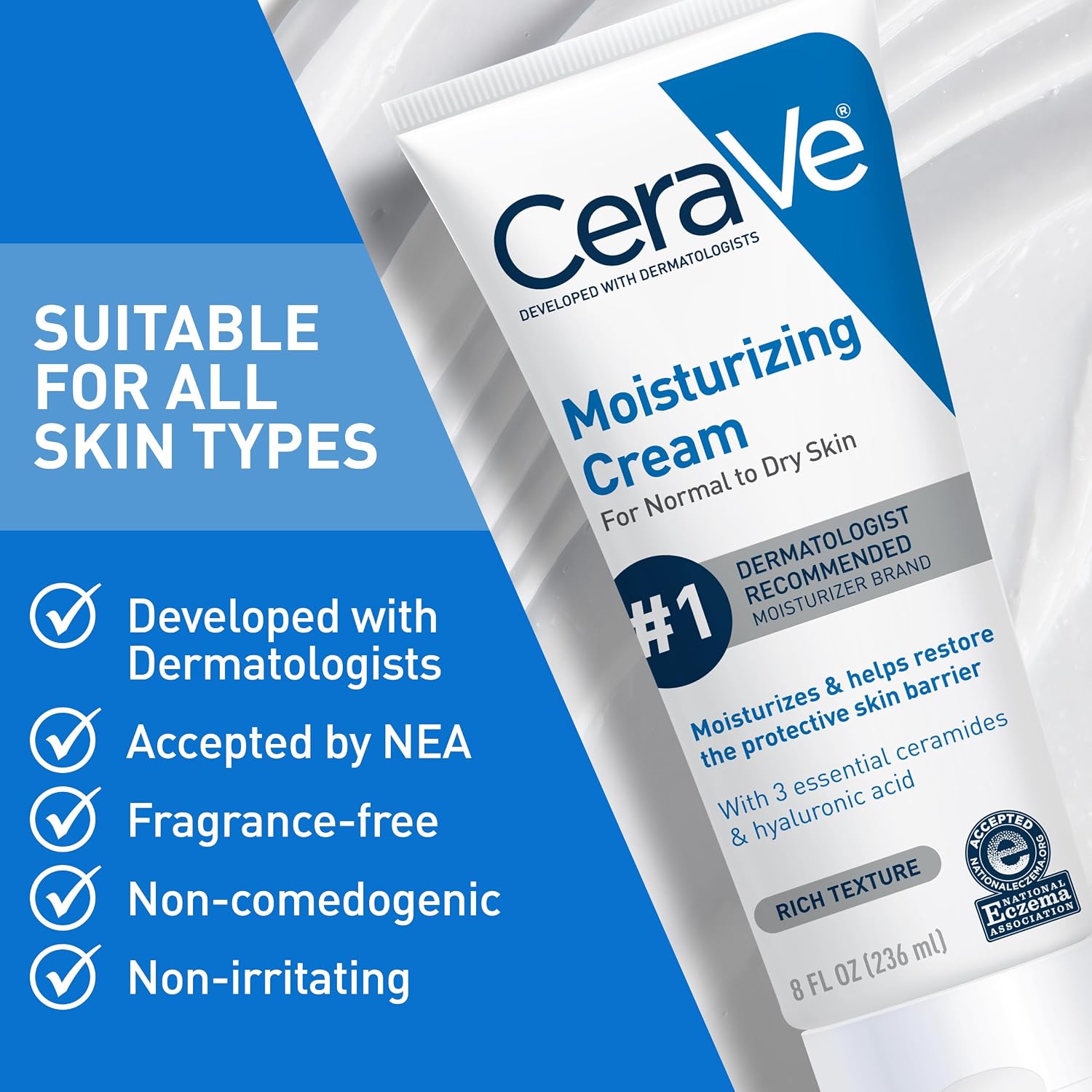 Moisturizing Cream, Face Moisturizer & Body Cream, Skin Care, 19Oz | Hyaluronic Acid for Instant Hydration, Skin Barrier Repair, Ceramide Moisturizer, Fragrance Free, Non-Comedogenic, Daily Use