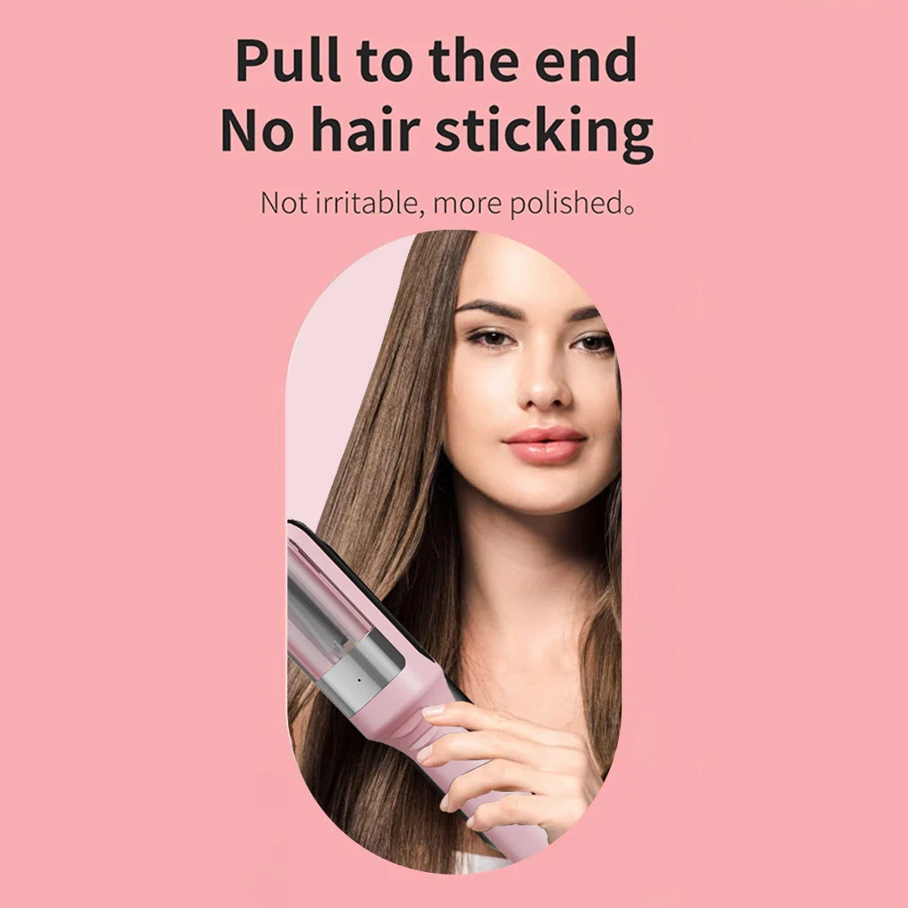 Model holding a pink hair trimming device against straight hair