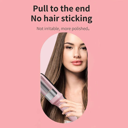Model holding a pink hair trimming device against straight hair