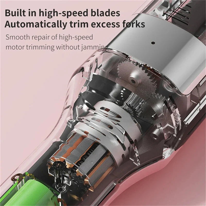 Cutaway illustration showing internal motor and gear components of a hair trimming device