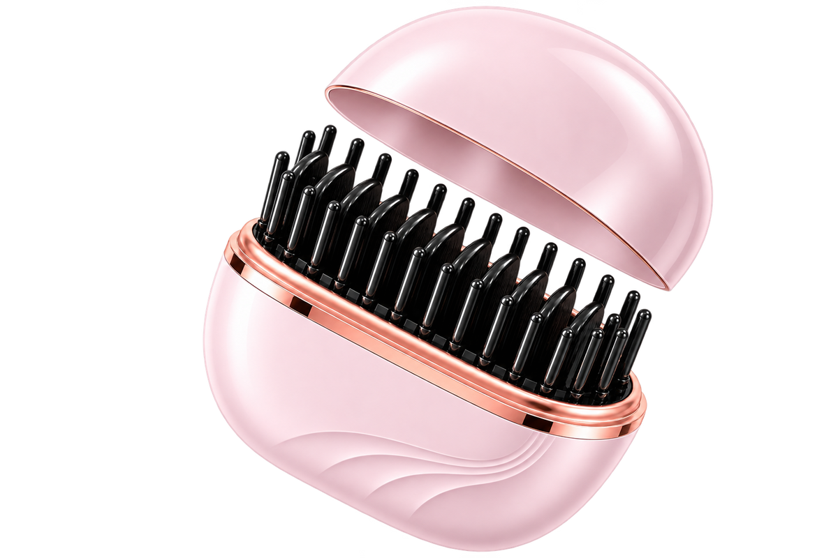 Cordless hair styling comb, open, black with a rose-gold band