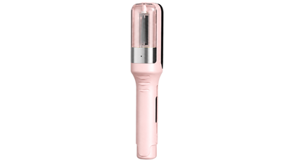 Pink hair trimming device standing upright, seen from the front