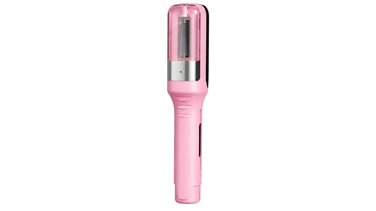 Pink hair trimming device standing upright, seen from the front