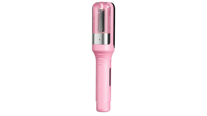 Pink hair trimming device standing upright, seen from the front