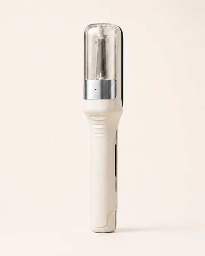 Off-white hair trimming device with transparent upper chamber and visible blade