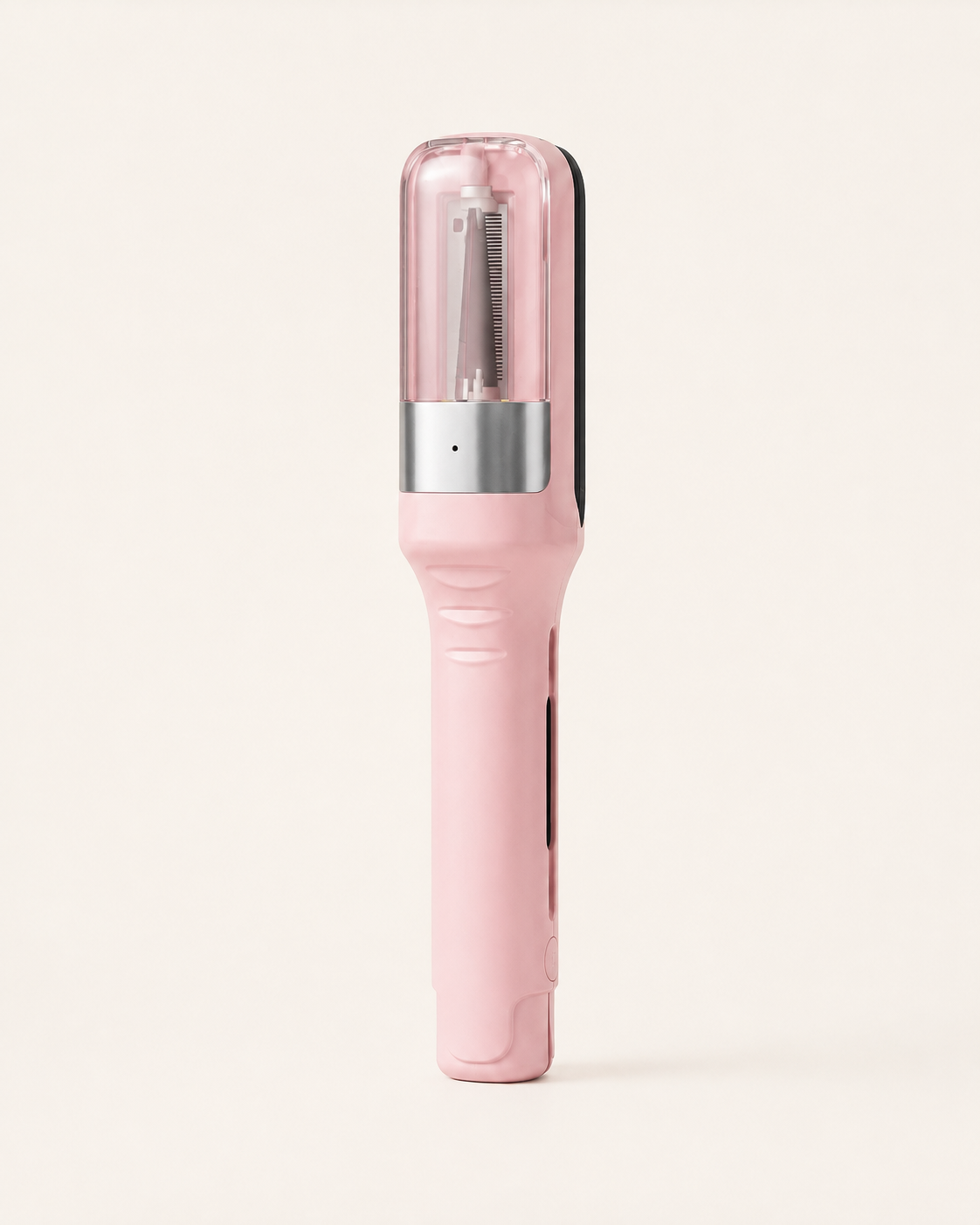 Pink hair trimming device with transparent upper chamber and visible blade