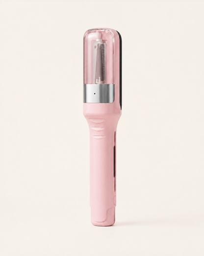 Pink hair trimming device with transparent upper chamber and visible blade